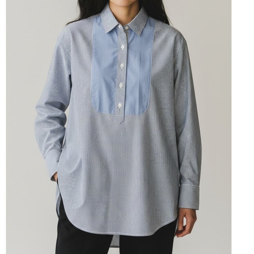 J. Crew Tunic Striped Bib Popover Long Sleeve Button Down Shirt Top 00 Blue Grey